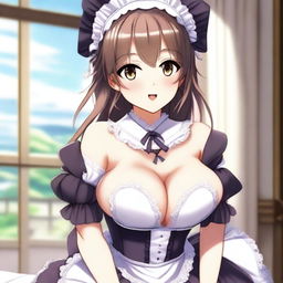 A cute and flustered waifu maid in anime style with a seductive pose, featuring a voluptuous figure with large breasts