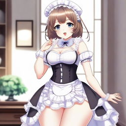 A cute and flustered waifu maid in anime style with a seductive pose, featuring a voluptuous figure with large breasts