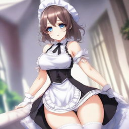 A cute and flustered waifu maid in anime style with a seductive pose, featuring a voluptuous figure with large breasts