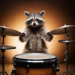 A raccoon energetically playing a full set of gleaming, professional drum kit with a dynamic background.