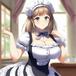 An anime-style image of a cute and flustered waifu maid with a seductive pose