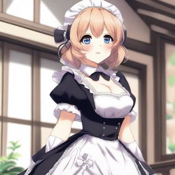 An anime-style image of a cute and flustered waifu maid with a seductive pose