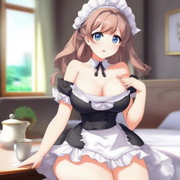 An anime-style image of a cute and flustered waifu maid with a seductive pose