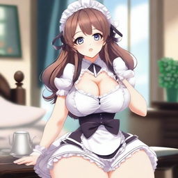 An anime-style image of a cute and flustered waifu maid with a seductive pose