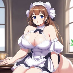 An anime-style drawing of a cute, flustered, and seductive waifu maid with a voluptuous figure, emphasizing her large breasts