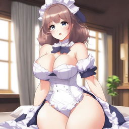 An anime-style drawing of a cute, flustered, and seductive waifu maid with a voluptuous figure, emphasizing her large breasts