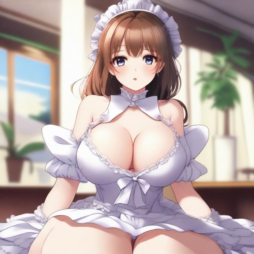 An anime-style drawing of a cute, flustered, and seductive waifu maid with a voluptuous figure, emphasizing her large breasts