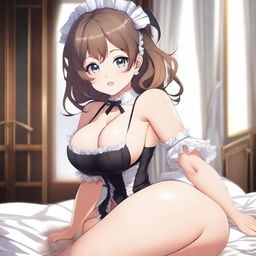 An anime-style drawing of a cute, flustered, and seductive waifu maid with a voluptuous figure, emphasizing her large breasts