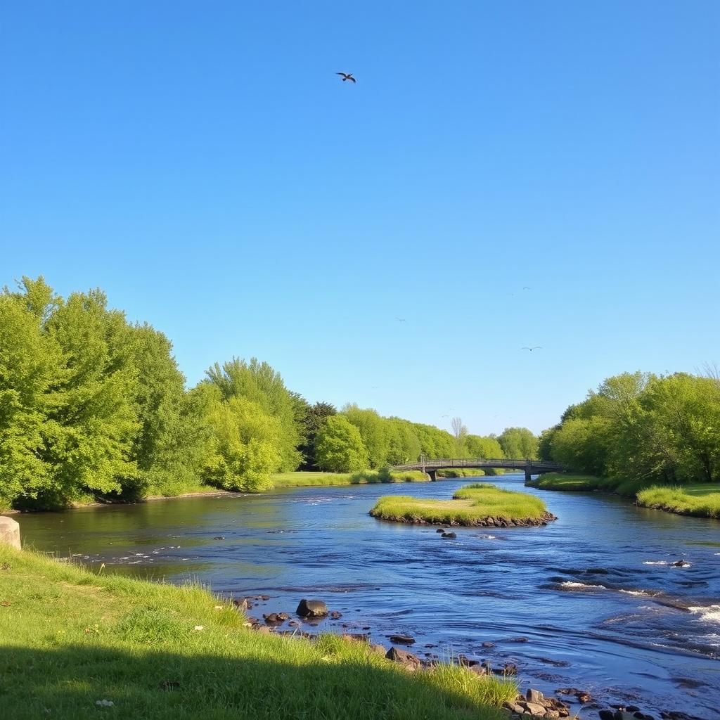 A serene landscape with a clear blue sky, a flowing river, and lush green trees