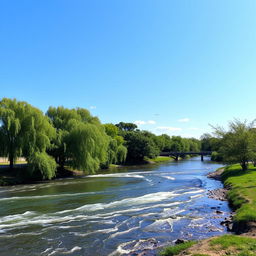 A serene landscape with a clear blue sky, a flowing river, and lush green trees