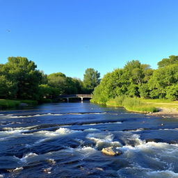 A serene landscape with a clear blue sky, a flowing river, and lush green trees