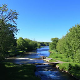 A serene landscape with a clear blue sky, a flowing river, and lush green trees