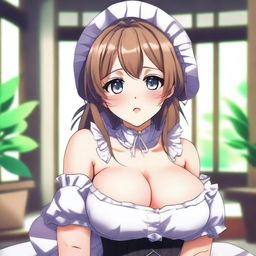 An anime-style illustration of a cute, flustered, and seductive waifu maid with large breasts