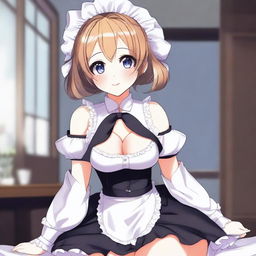 An anime-style illustration of a cute, flustered, and seductive waifu maid with large breasts