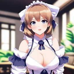 An anime-style illustration of a cute, flustered, and seductive waifu maid with large breasts