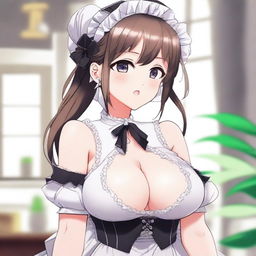 An anime-style illustration of a cute, flustered, and seductive waifu maid with large breasts