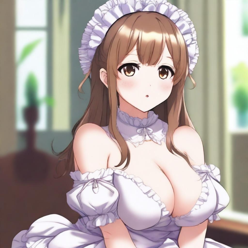 An anime-style illustration of a cute, flustered, and seductive waifu maid with large breasts