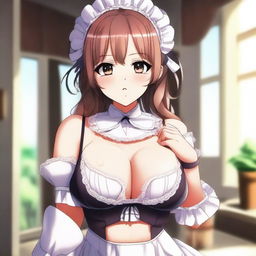 An anime-style illustration of a cute, flustered, and seductive waifu maid with large breasts