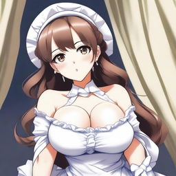 An anime-style illustration of a cute, flustered, and seductive waifu maid with large breasts