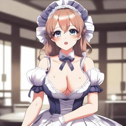 An anime-style illustration of a cute, flustered, and seductive waifu maid with large breasts