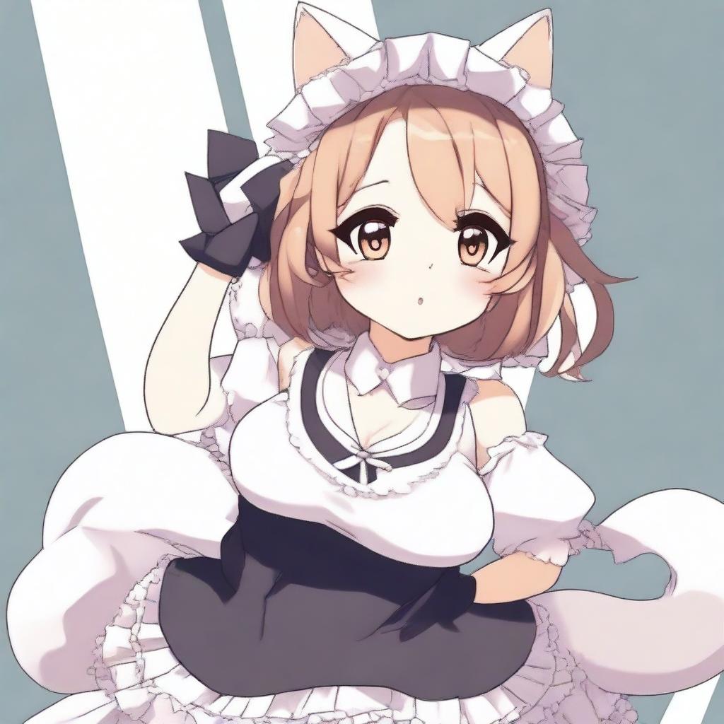 An anime-style illustration of a cute, flustered, and seductive waifu cat maid with large breasts