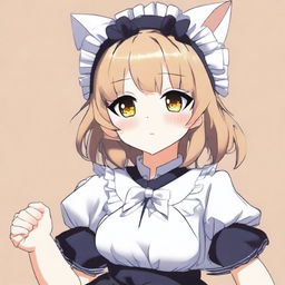 An anime-style illustration of a cute, flustered, and seductive waifu cat maid with large breasts