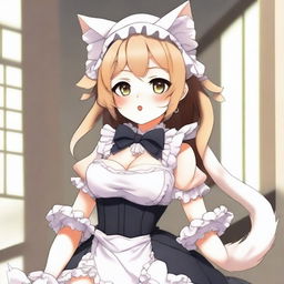 An anime-style illustration of a cute, flustered, and seductive waifu cat maid with large breasts