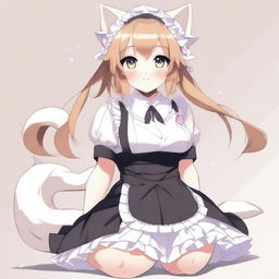 An anime-style illustration of a cute, flustered, and seductive waifu cat maid with large breasts