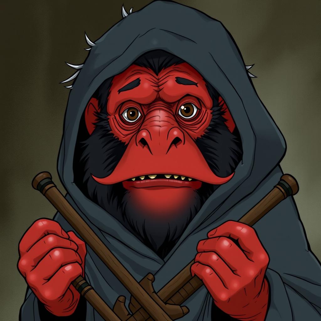 An old, red-faced humanoid with dark grey fur resembling a Proboscis monkey, featuring sharp teeth and a large moustache in the style of Studio Ghibli