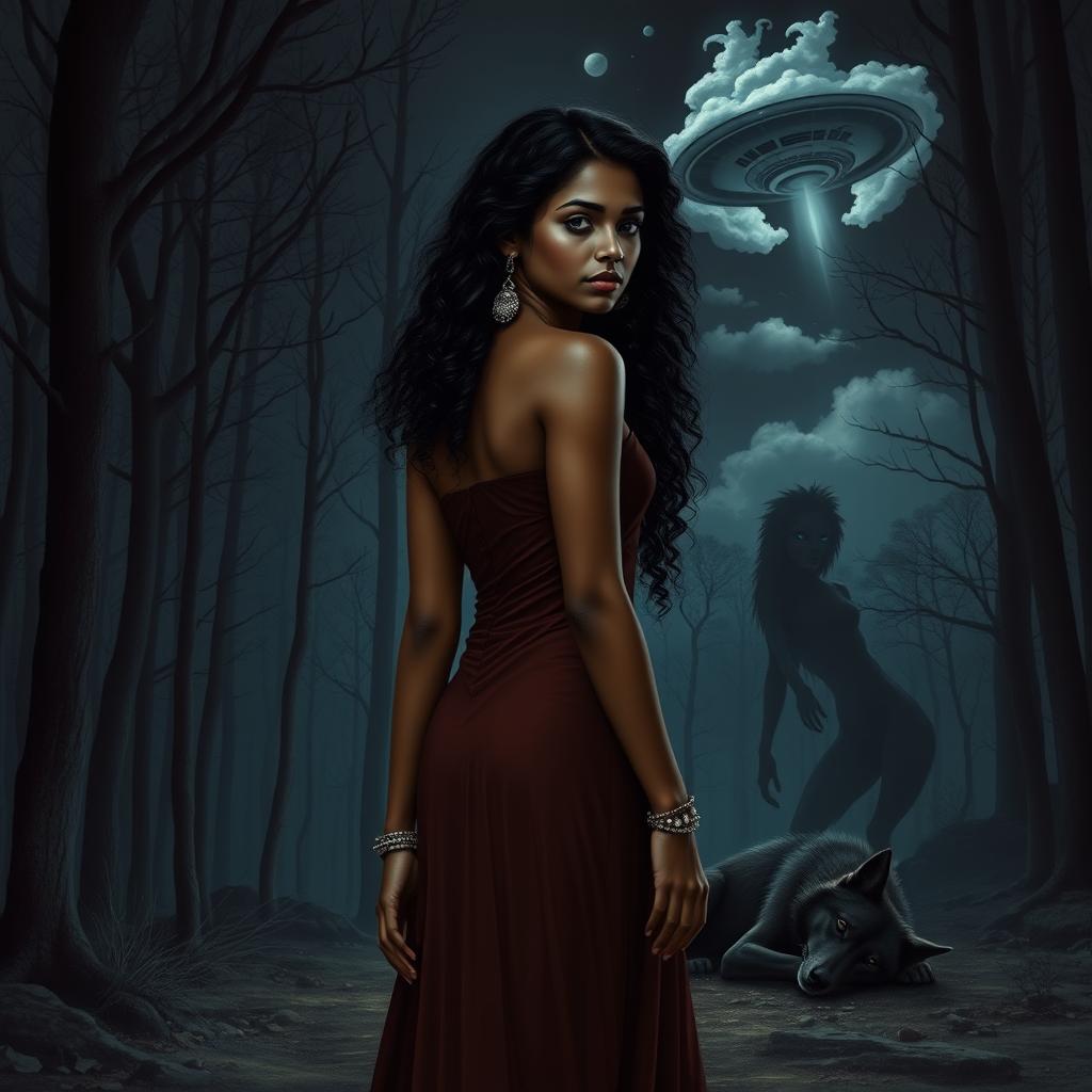 A dark artwork for a book cover design featuring a beautiful dusky young Indian woman with long curly dark hair standing at a distance, wearing only exquisite jewelry