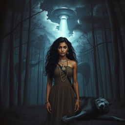 A dark artwork for a book cover design featuring a beautiful dusky young Indian woman with long curly dark hair standing at a distance, wearing only exquisite jewelry