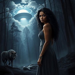 A dark artwork for a book cover design featuring a beautiful dusky young Indian woman with long curly dark hair standing at a distance, wearing only exquisite jewelry