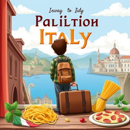 Create a book cover featuring a young boy departing for Italy to study politics