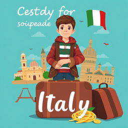 Create a book cover featuring a young boy departing for Italy to study politics