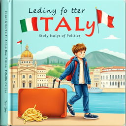 Create a book cover featuring a young boy departing for Italy to study politics