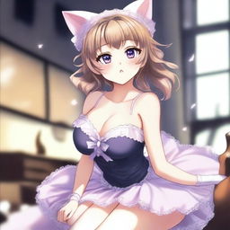 A cute, flustered, and seductive anime-style waifu with cat ears and a ballerina outfit