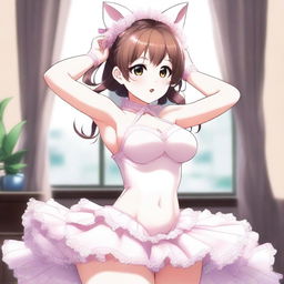 A cute, flustered, and seductive anime-style waifu with cat ears and a ballerina outfit