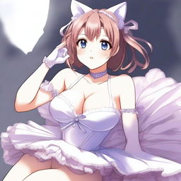 A cute, flustered, and seductive anime-style waifu with cat ears and a ballerina outfit