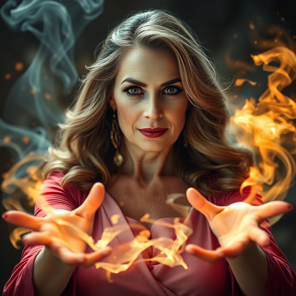 A mature woman with a confident and alluring demeanor casting a powerful magic spell with her hands