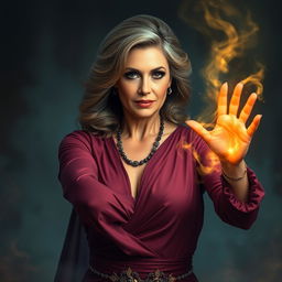 A mature woman with a confident and alluring demeanor casting a powerful magic spell with her hands