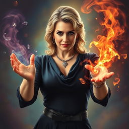 A mature woman with a confident and alluring demeanor casting a powerful magic spell with her hands