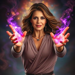 A mature woman with a confident and alluring demeanor casting a powerful magic spell with her hands