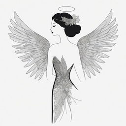 An elegant silhouette of a woman with angel wings intertwined with floral elements and accented with crystals, all outlined in clean black lines.