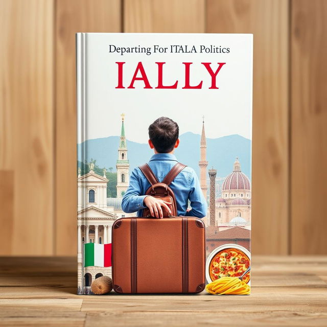 Create a book cover featuring a young man departing for Italy to study politics