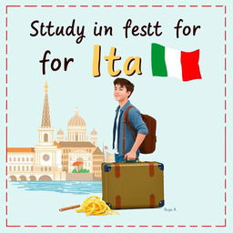 Create a book cover featuring a young man departing for Italy to study politics