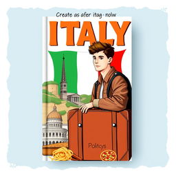 Create a book cover featuring a young man departing for Italy to study politics