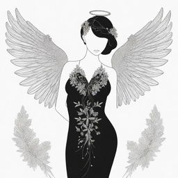 An elegant silhouette of a woman with angel wings intertwined with floral elements and accented with crystals, all outlined in clean black lines.