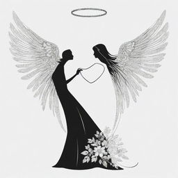 An elegant silhouette of a woman with angel wings intertwined with floral elements and accented with crystals, all outlined in clean black lines.