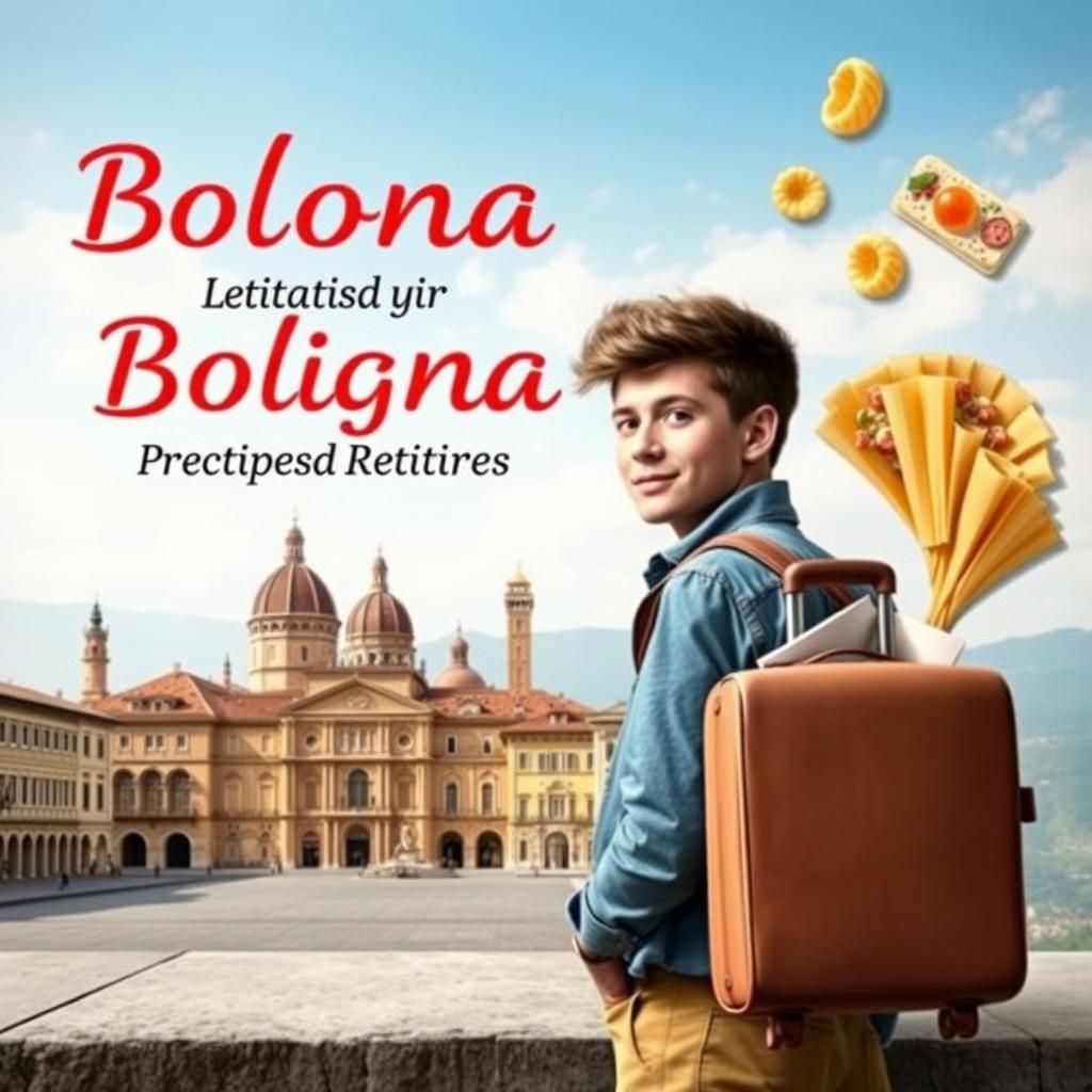 Create a book cover featuring a young man departing for Bologna to study politics