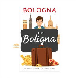 Create a book cover featuring a young man departing for Bologna to study politics